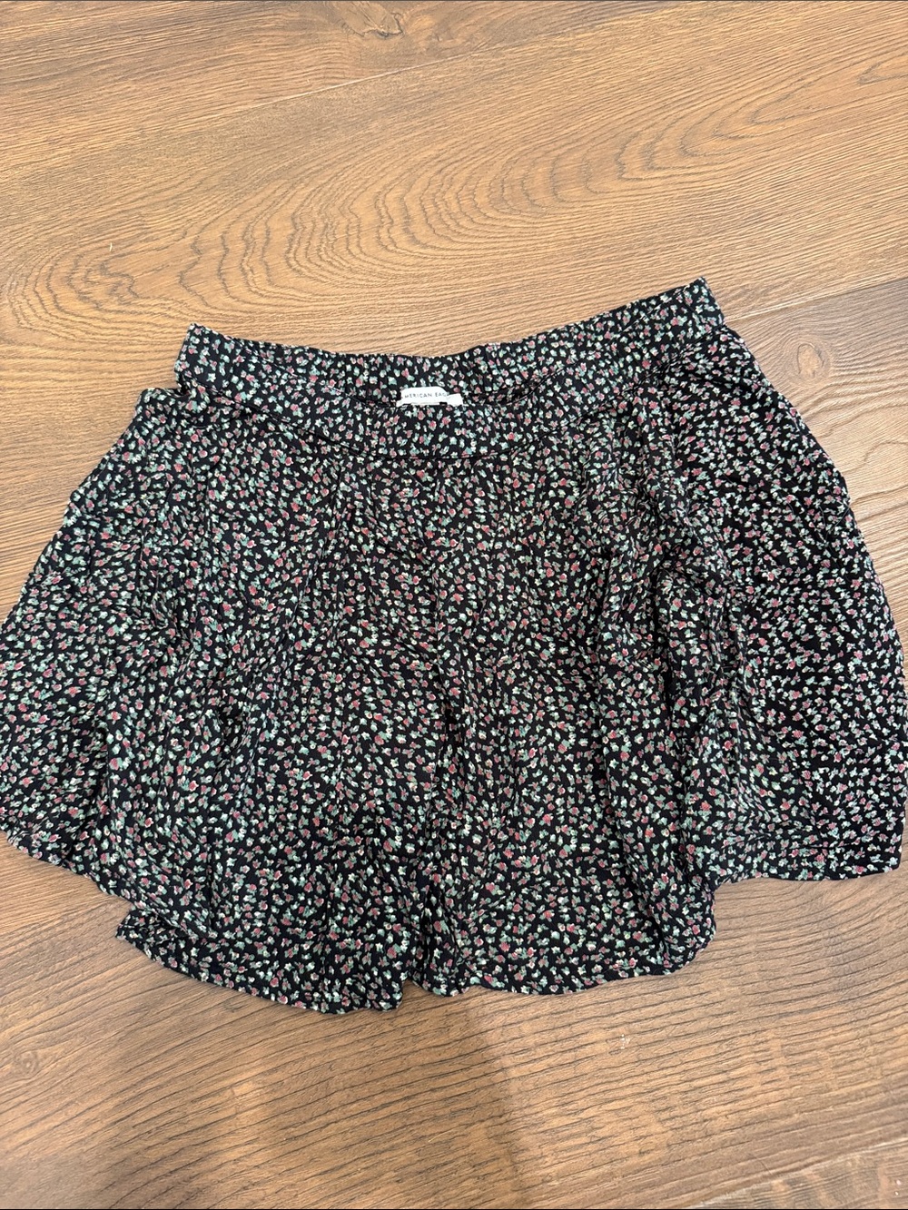 American Eagle Outfitters Black Floral Skater Skirt with Pink & Green Accents